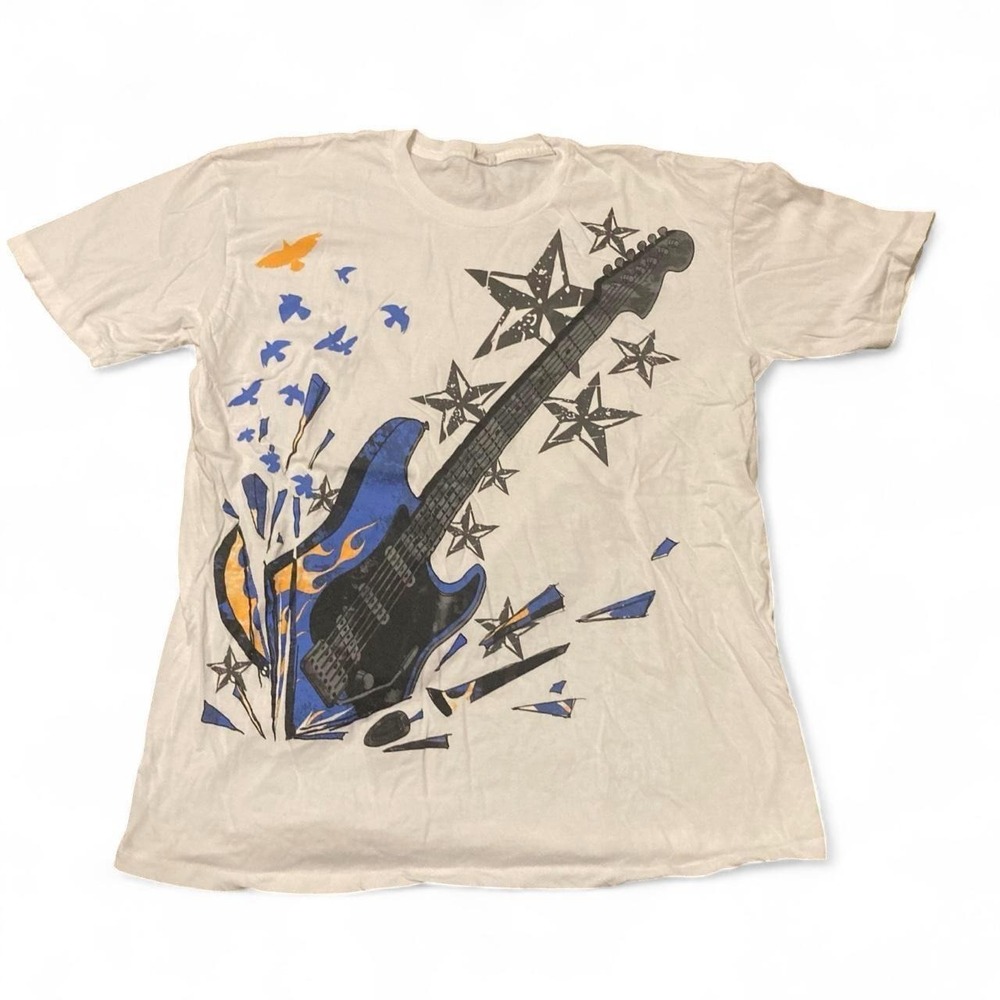 Y2K guitar graphic white tee shirt nautical star flames Men's L/21.75